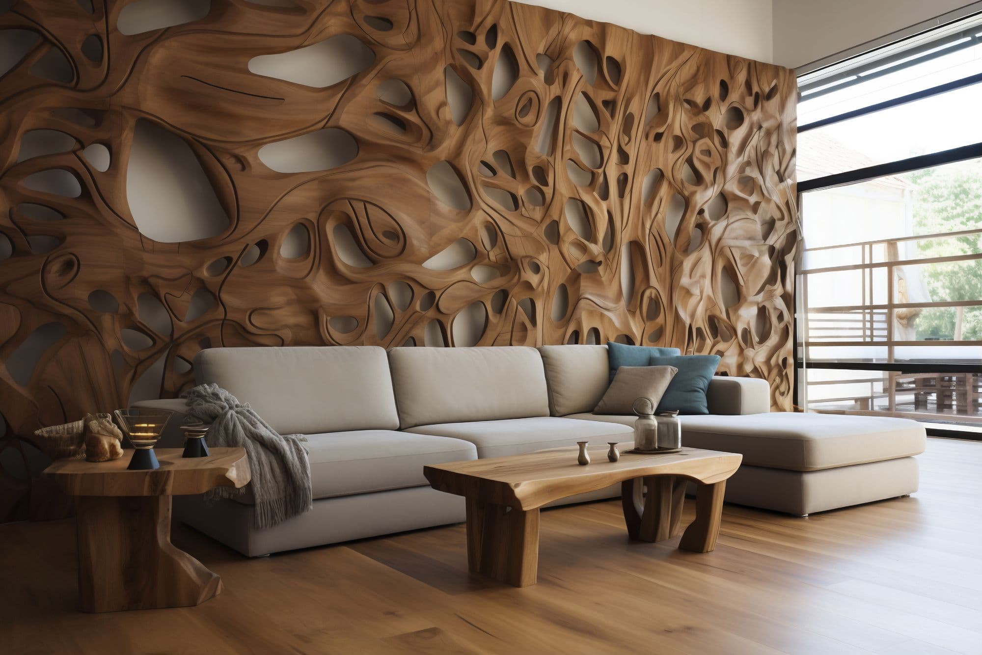 Sculptural wood wall detailing