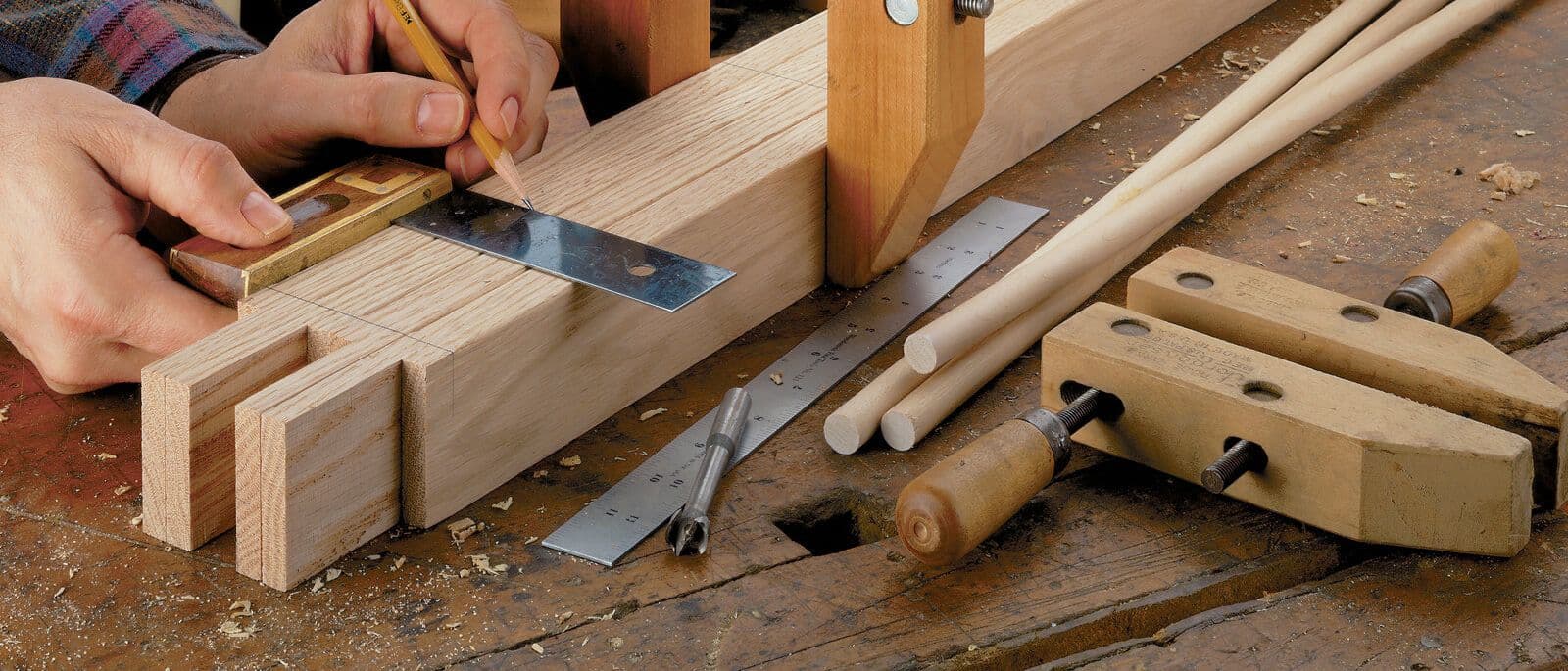 Joinery workshop tools and timber