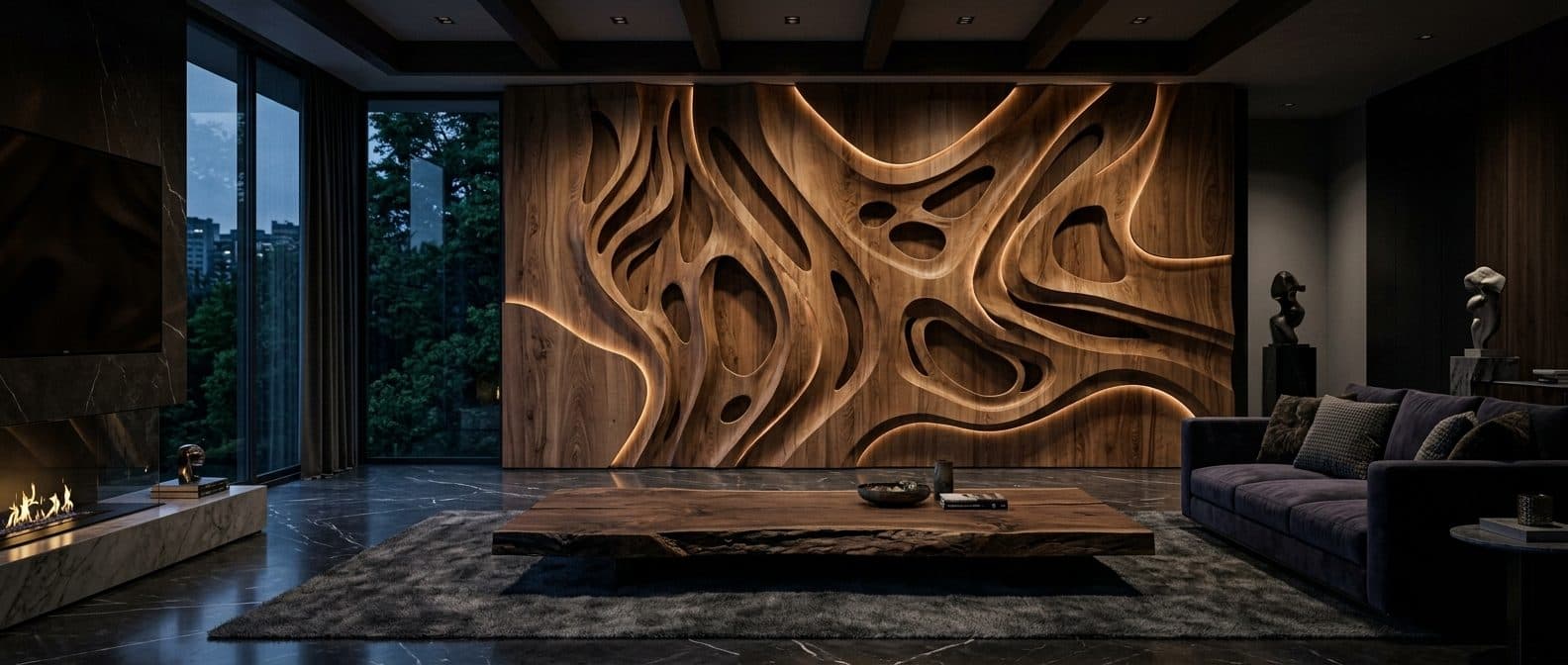 Sculptural wood wall detailing